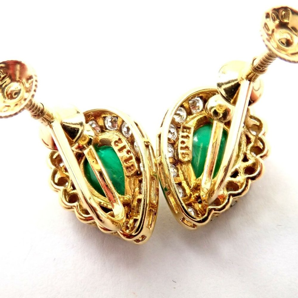 Authentic! Mikimoto 18k Yellow Gold Diamond Teardrop Emerald Screw Back Earrings - Picture 8 of 8